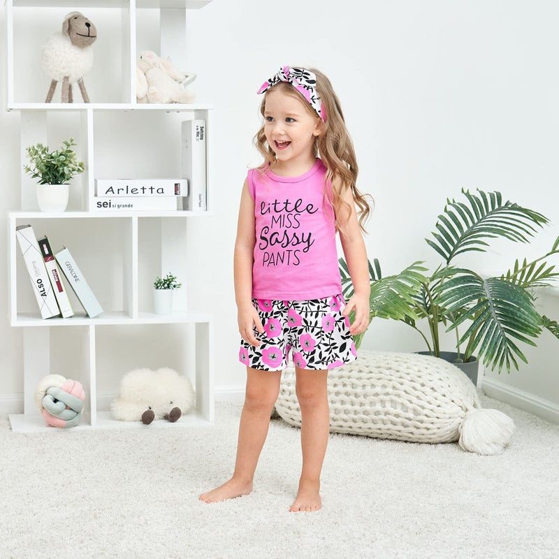 Hipea Toddler Girl Outfits Flower Tops Sleeveless Vest Shorts Headband Summer Clothes Set(5-6T) - Image 2
